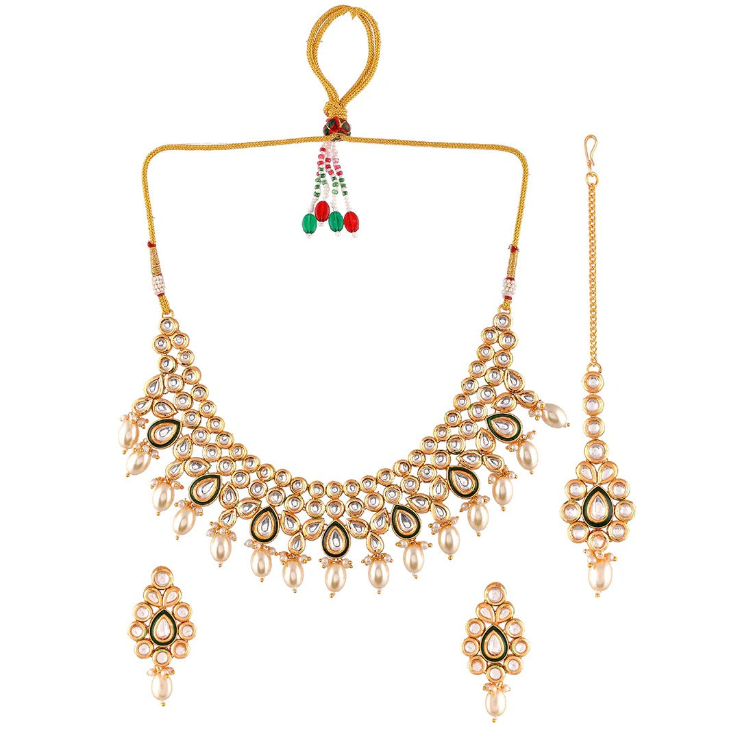 Kundan Elegance White Pearls and Faux Kundan Gold Plated Maang Tika Set