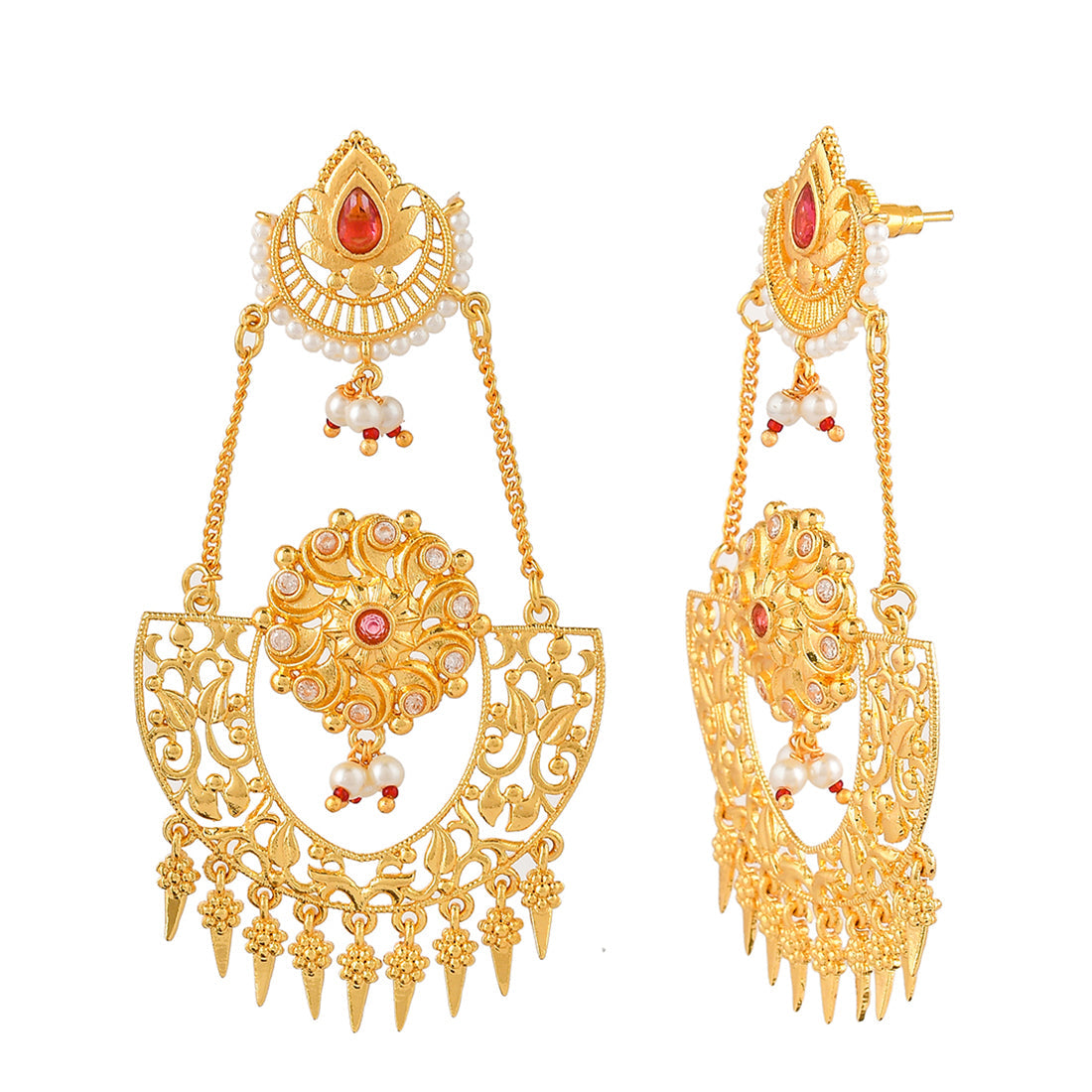 Abharan Red Stones and Pearls Opulent Drop Earrings