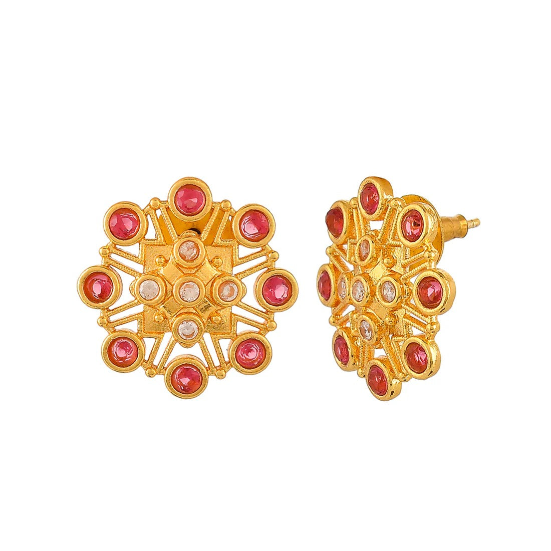 Abharan Pink Stones Floral Stud Earrings