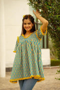 Turquoise Embroidered Printed Lisa Cotton Kurta Top