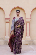 Wine Handwoven Ajrakh Bandhani Pure Silk Saree