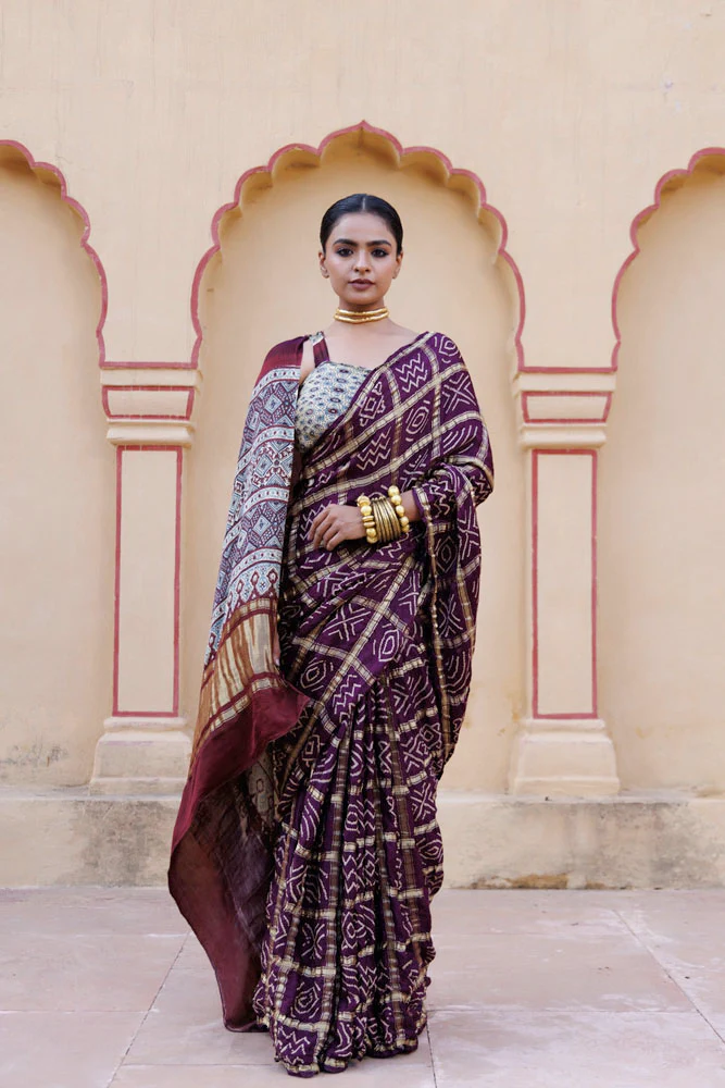 Wine Handwoven Ajrakh Bandhani Pure Silk Saree
