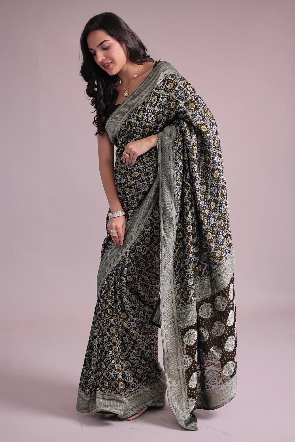 Black Power loom Bandhej Look Saree