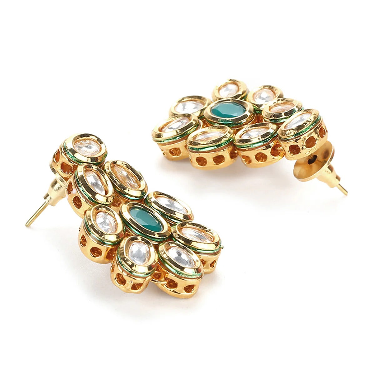 Kundan Gold Plated Long Necklace Set with Green Stones