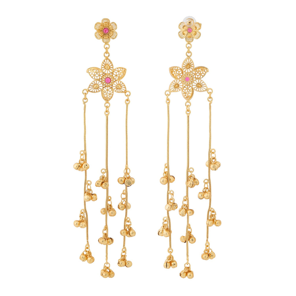 Kashmiri Royal Roshni Long Gold Ghungroo Earrings