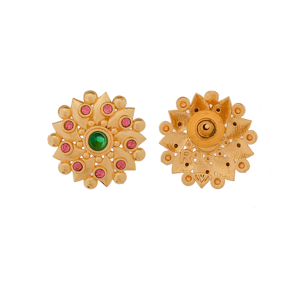 Abharan Green and Pink Stones Floral Earrings