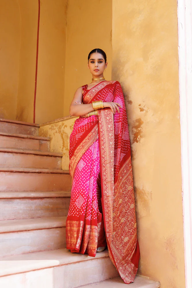 Red-Pink Handwoven Ajrakh Bandhani Pure Silk Saree