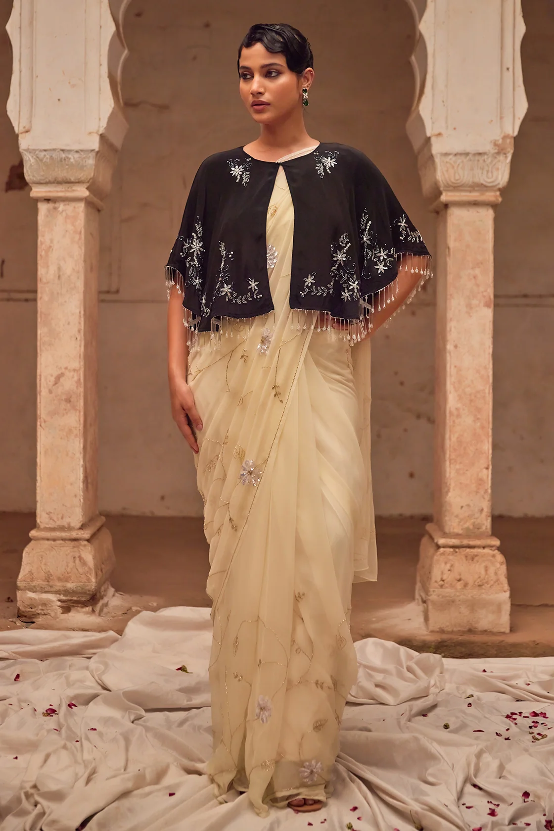 Off White Hand Embroidered Chiffon Saree Set With Black Silk Cape