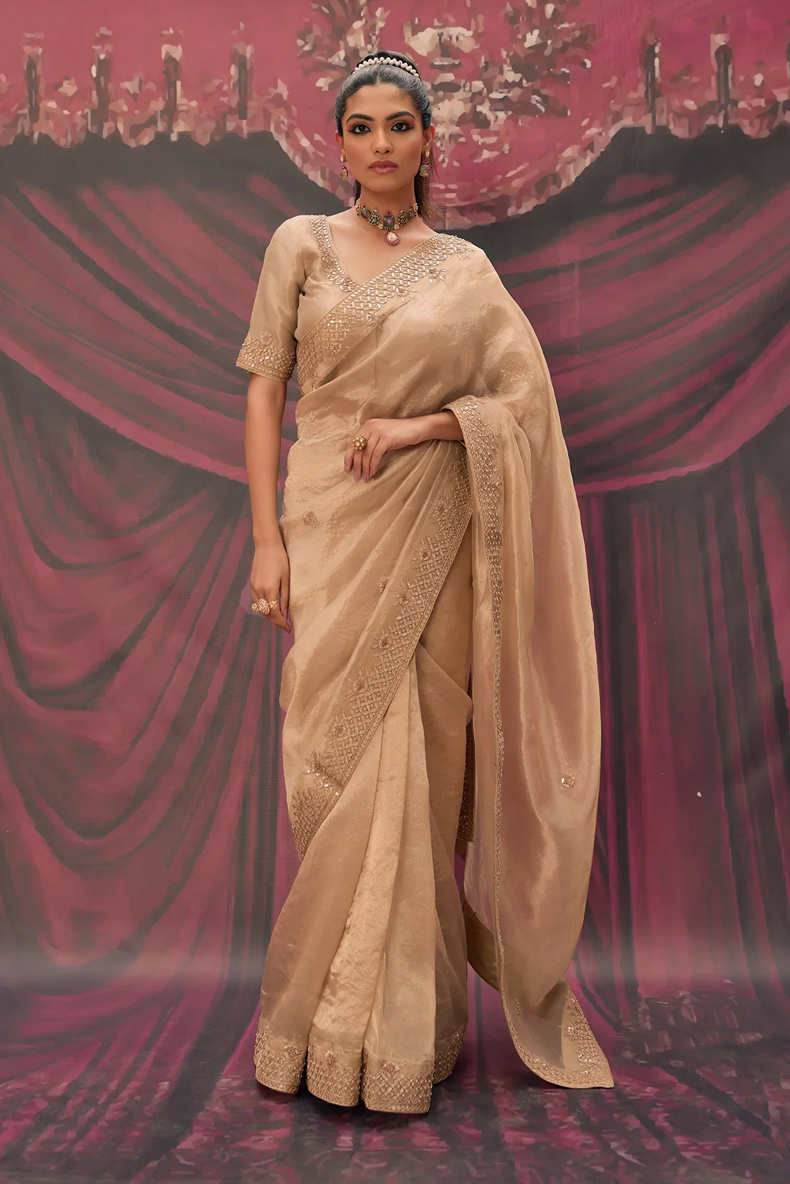 Pure Tissue Antique Gold Saree With Handcrafted Heavy Gota Patti Work