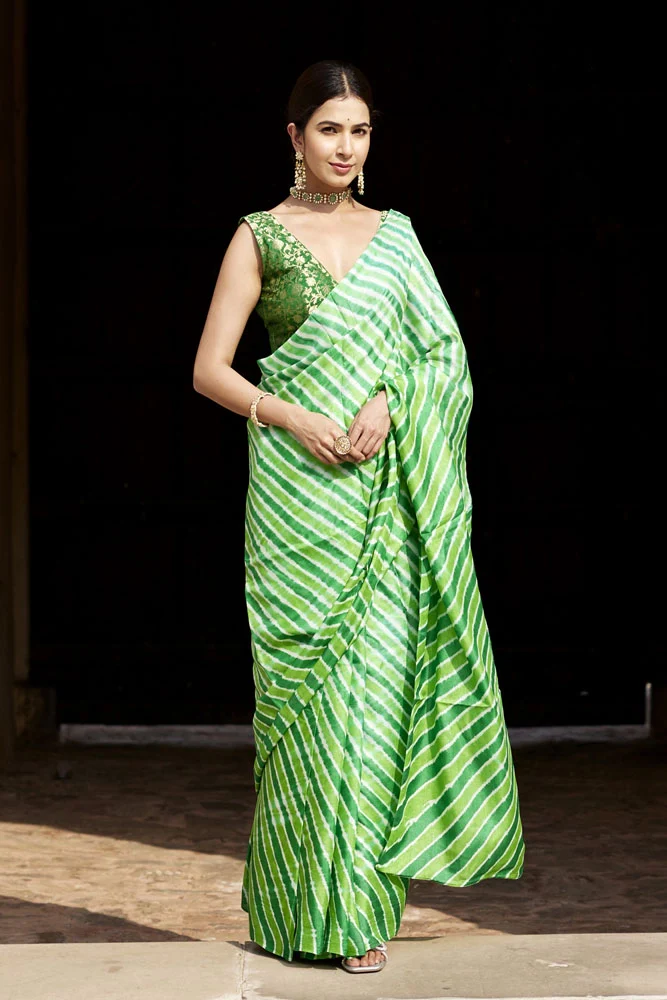 Green Pure Tussar Silk Hand-Dyed Leheriya Saree