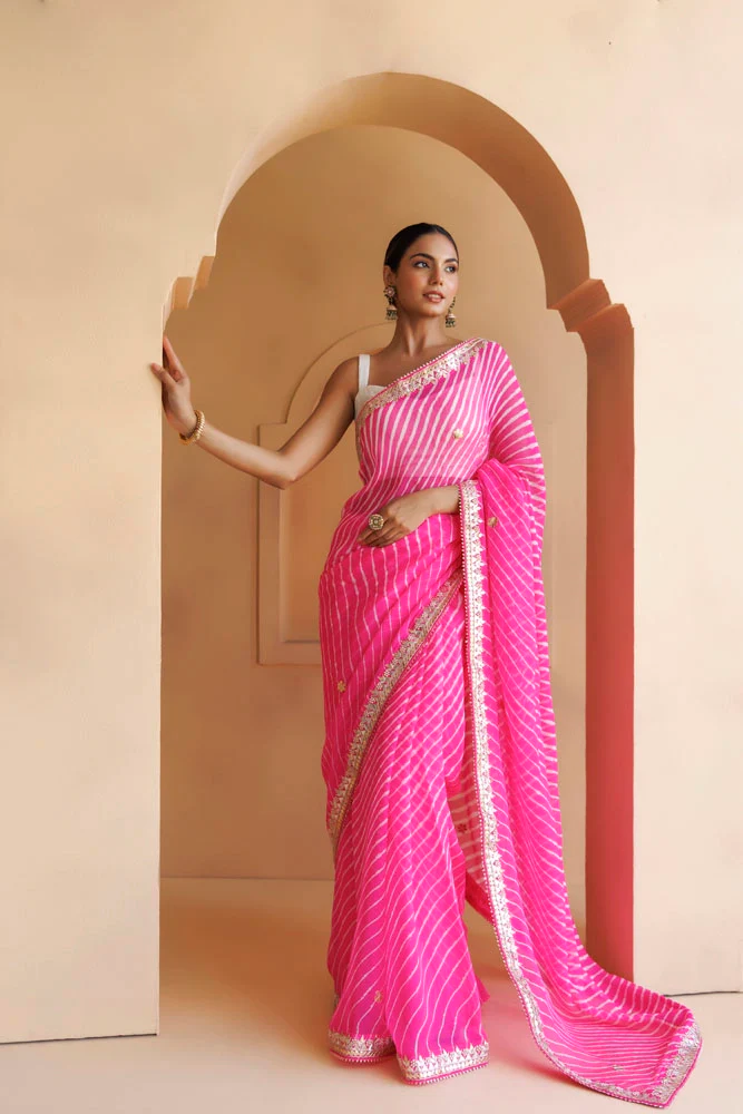 Pink Hand Embroidered Gota Patti Leheriya Pure Georgette Sareee