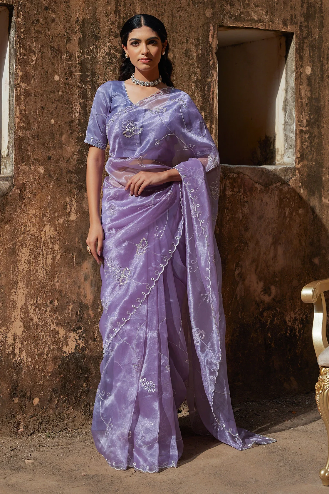 Mauve Hand Embroidered Pure Tissue Saree