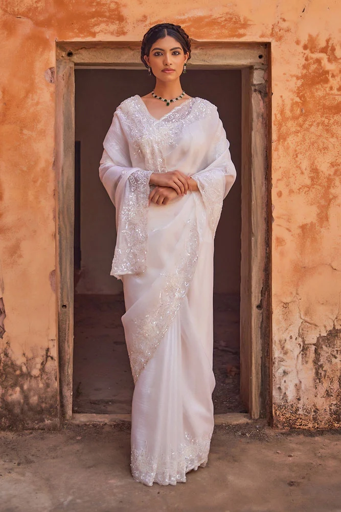 Delicate White Hand Embroidered Pure Tissue Saree