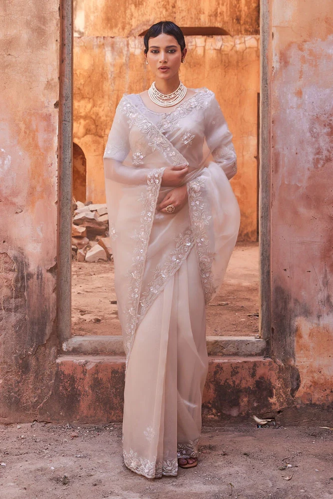 Sheer Dusty Silver Hand Embroidered Pure Tissue Saree