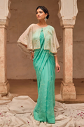 Aqua Hand Embroidered Pure Chiffon Saree Set With Off White Cape