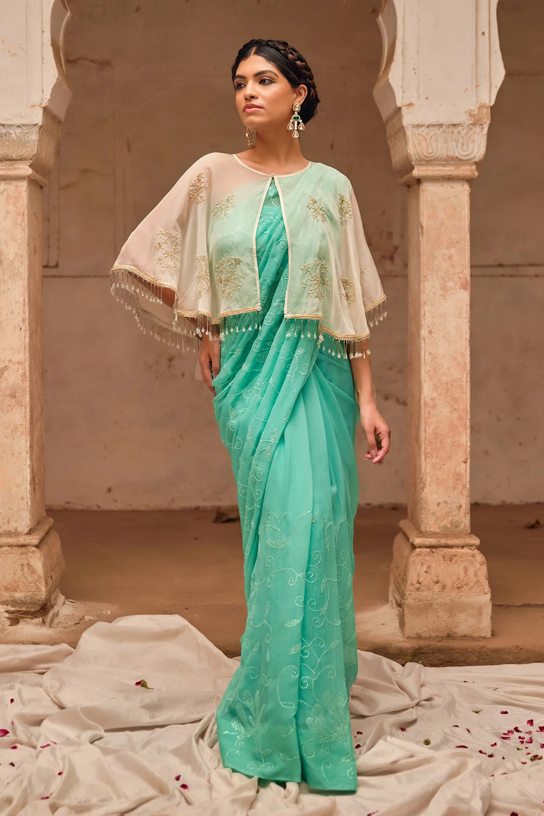 Aqua Hand Embroidered Pure Chiffon Saree Set With Off White Cape