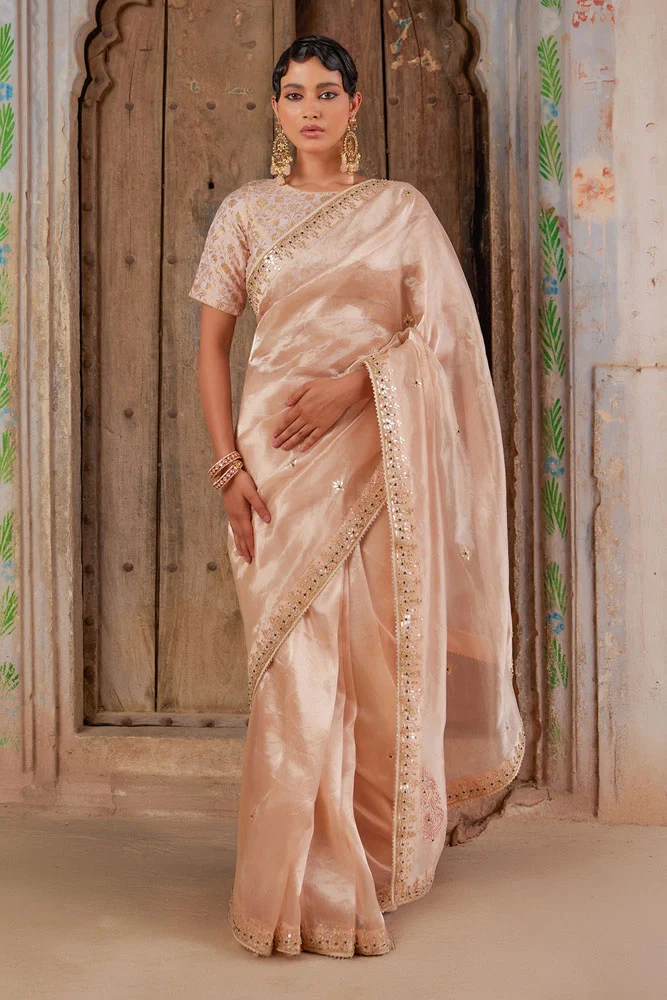 Elegant Gold Tissue Saree With Jaipur Handcrafted Gota Patti