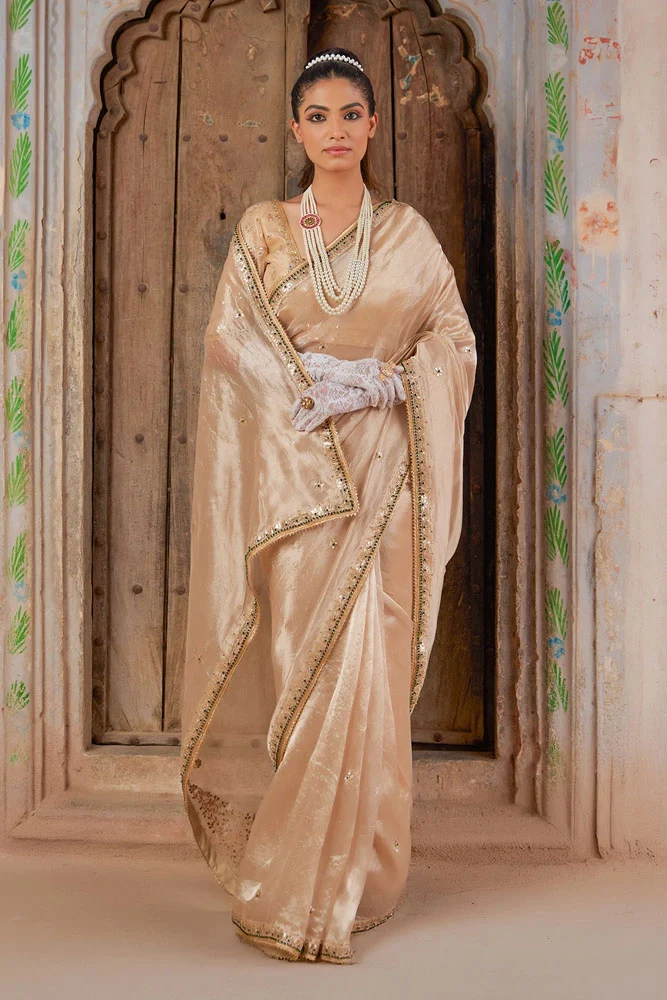 Gold Pure Tissue Saree With Intricate Gota Patti Detailing