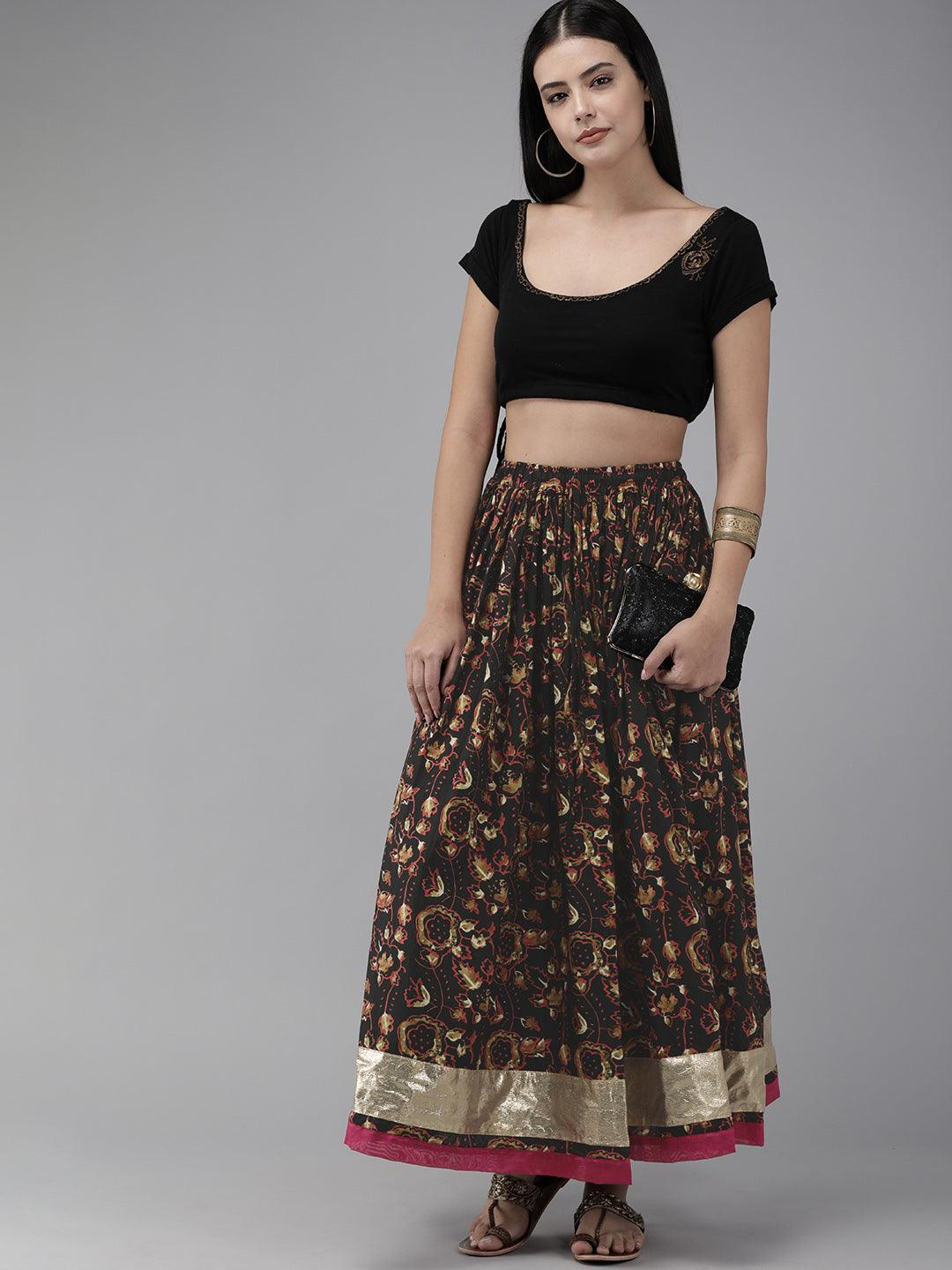 Black Hand Block Printed Long Cotton Skirt With Magzi Border