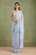 Grey Hand Painted Chiffon Saree With Mukaish Work