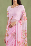Pink Hand Painted Chiffon Saree With Mukaish Work