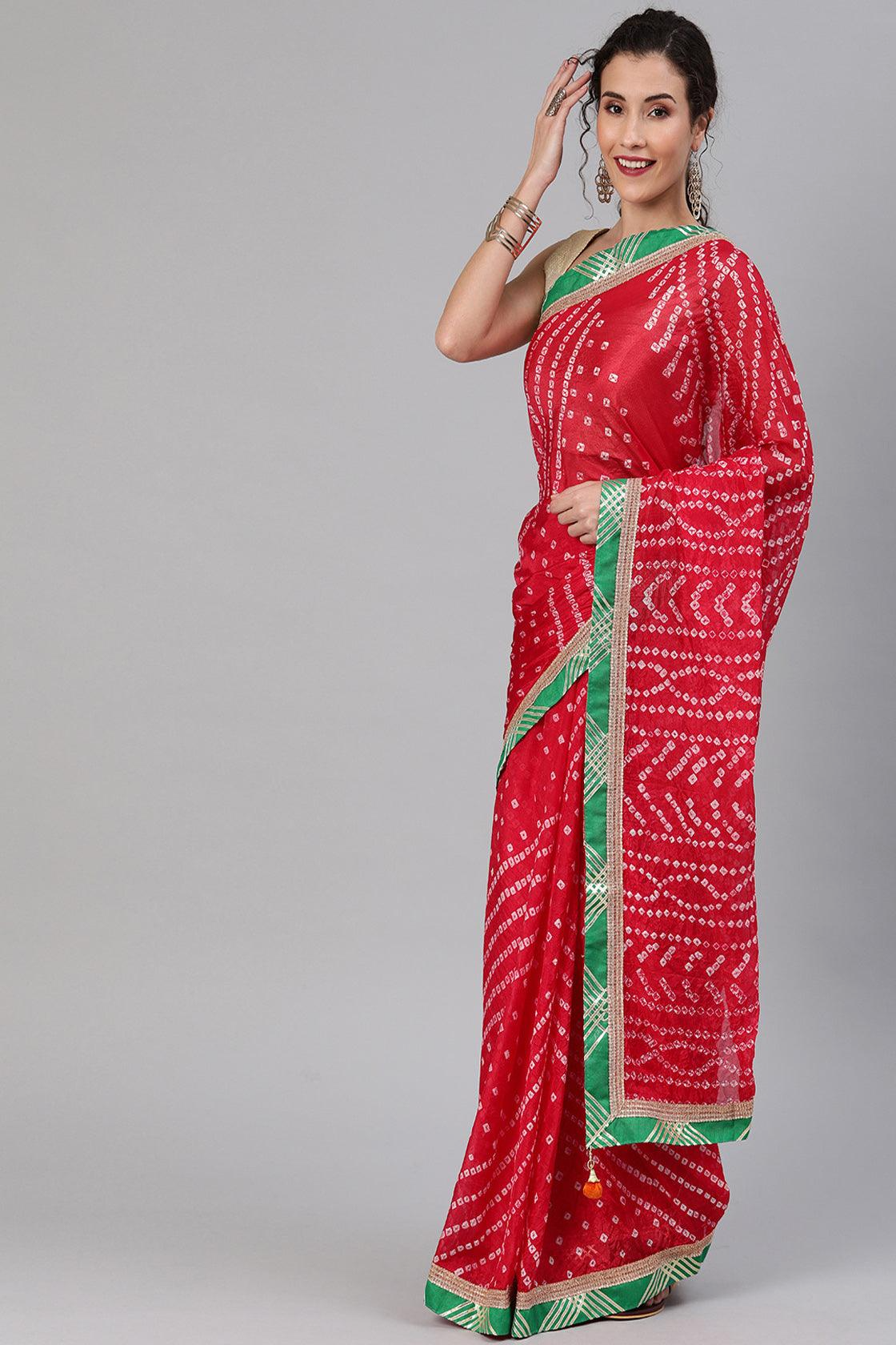 Red Handcrafted Bandhani Art Silk Saree