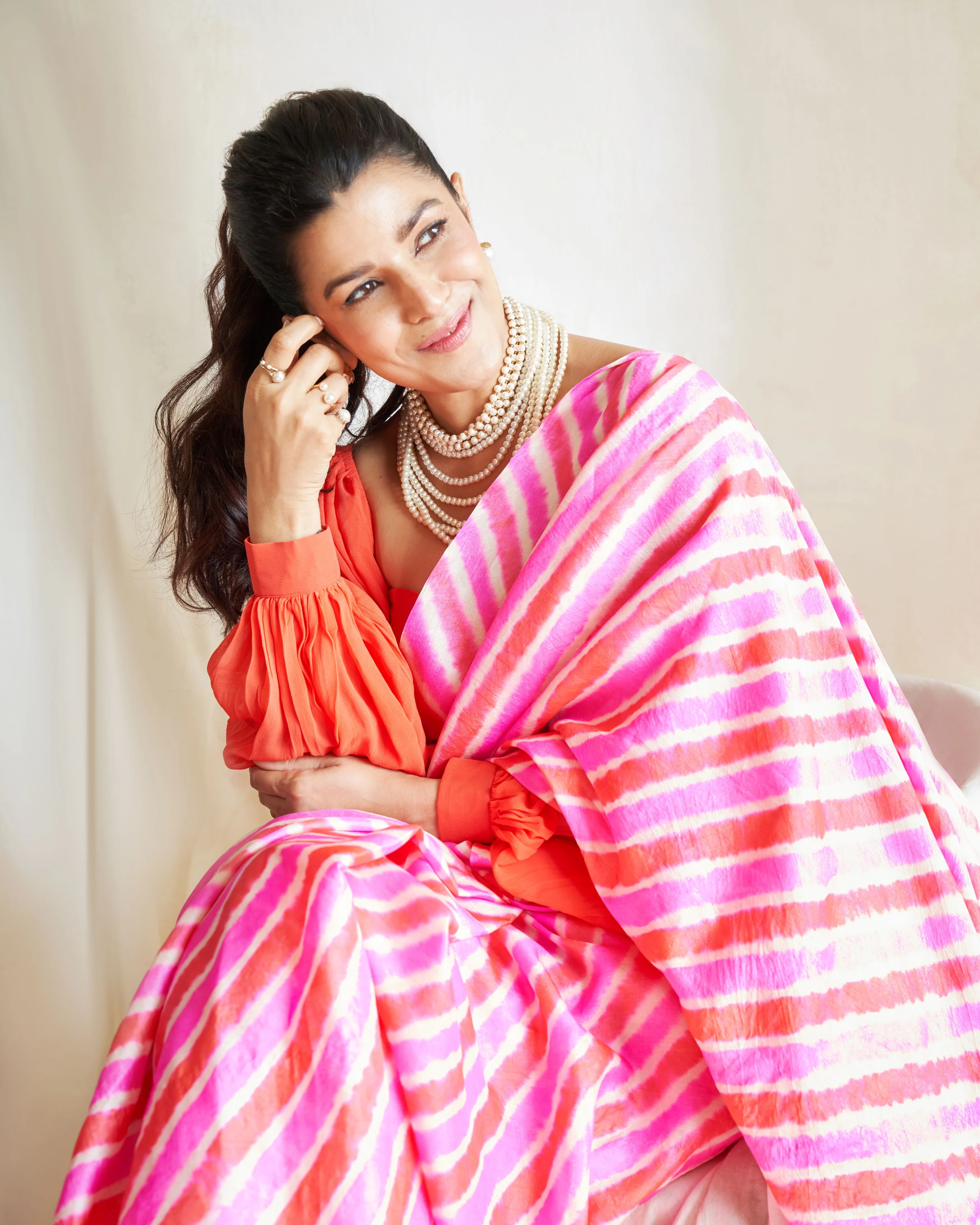 Nimrat Kaur In Pink Pure Tussar Silk Hand-Dyed Leheriya Saree