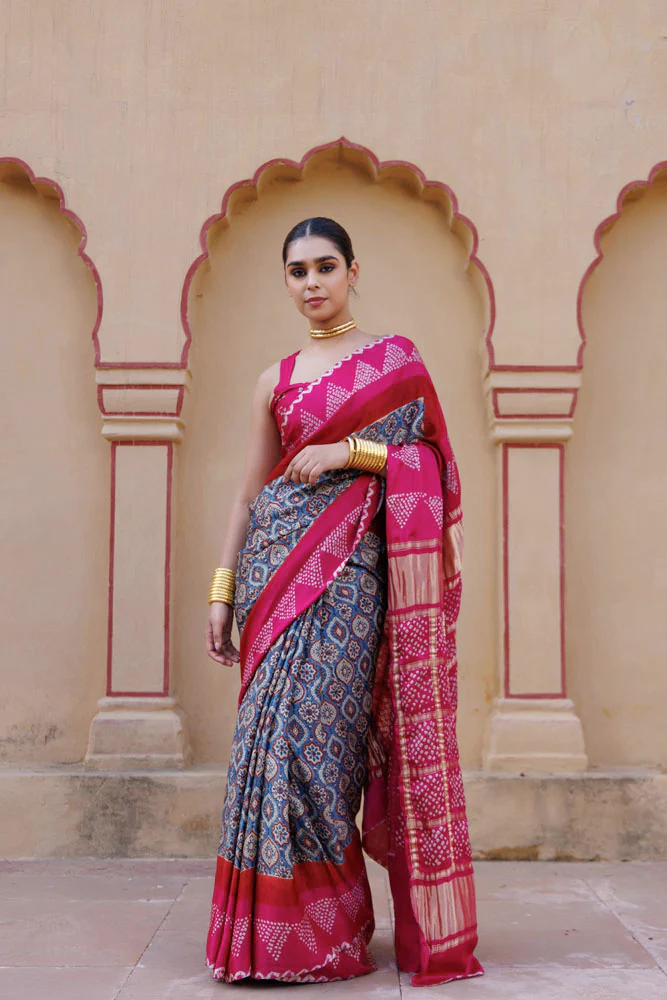 Pink Handwoven Ajrakh Bandhani Pure Silk Saree
