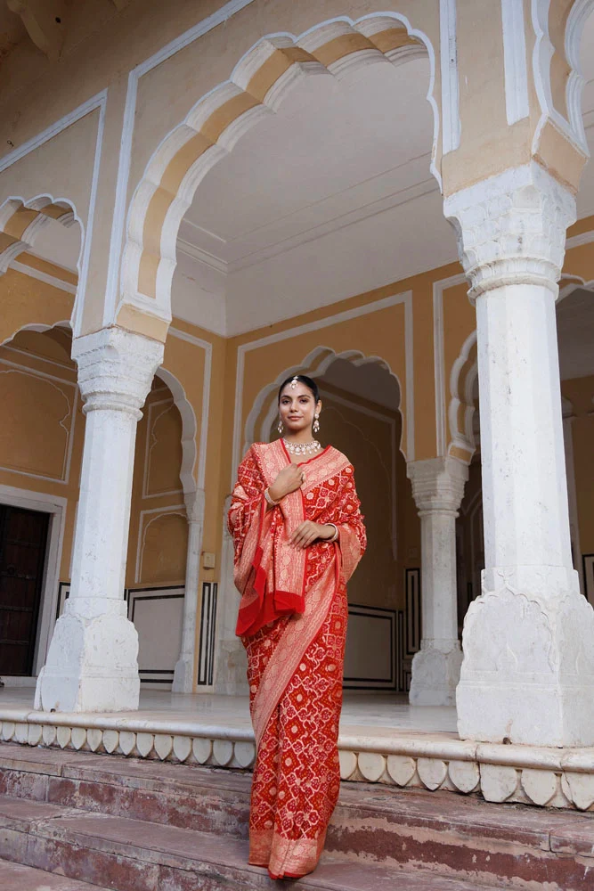 Red Handwoven Gharchola Bandhani Pure Georgette Saree