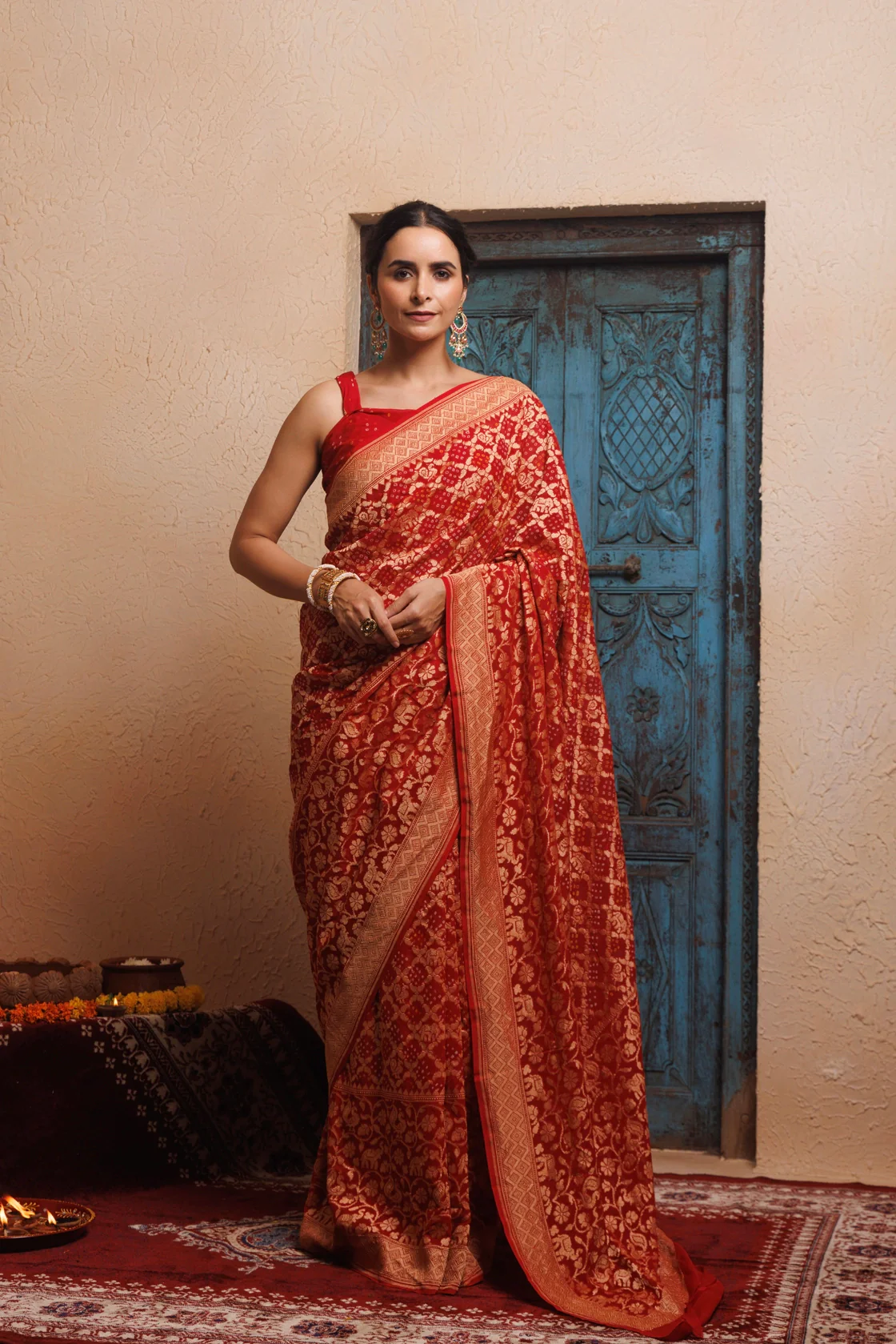 Red Handwoven Gharchola Bandhani Pure Georgette Saree