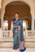 Grey & Blue Zari Woven Bandhani Pure Silk Saree