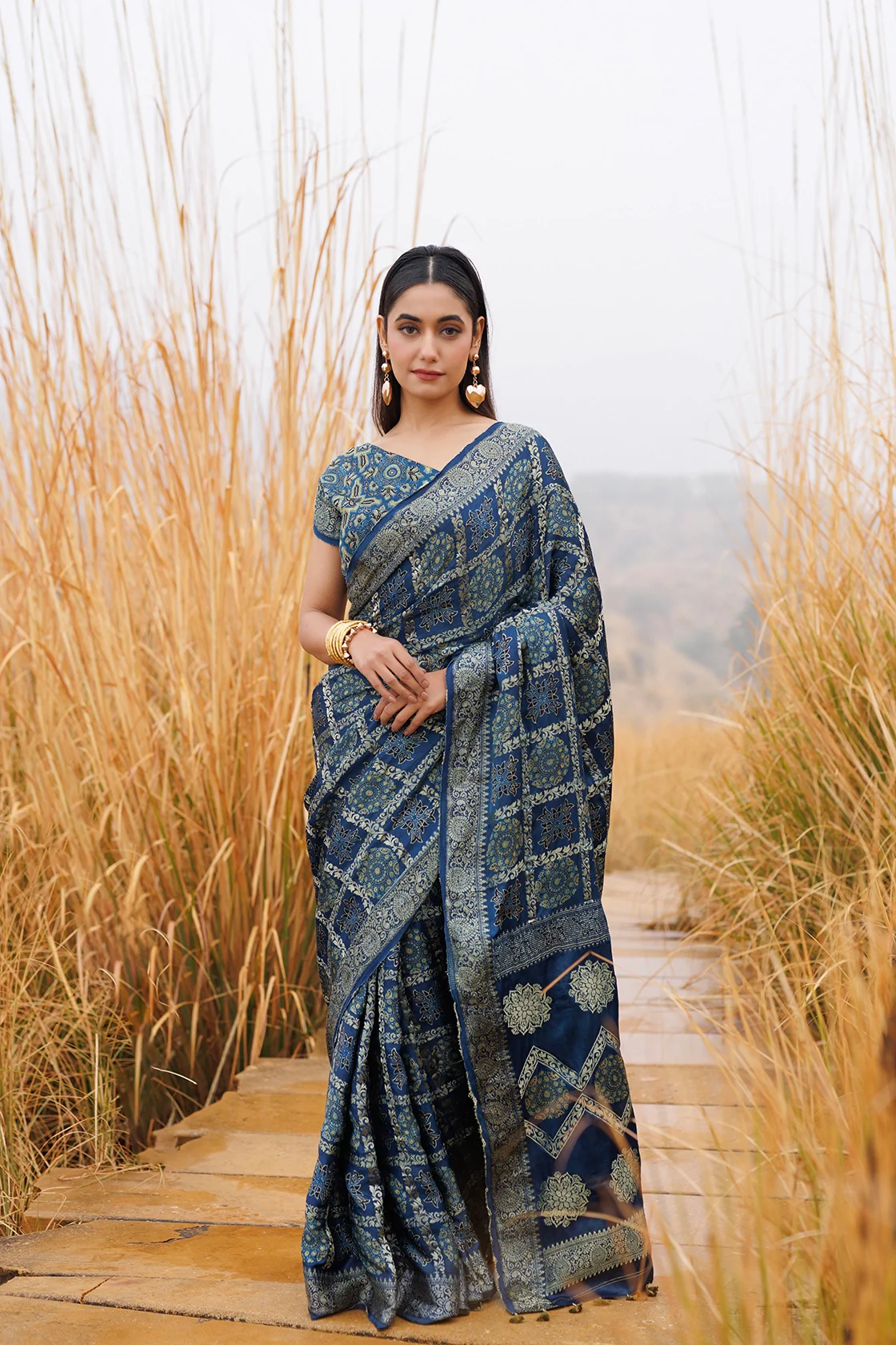 Indigo Handwoven Ajrakh Pure Silk Saree