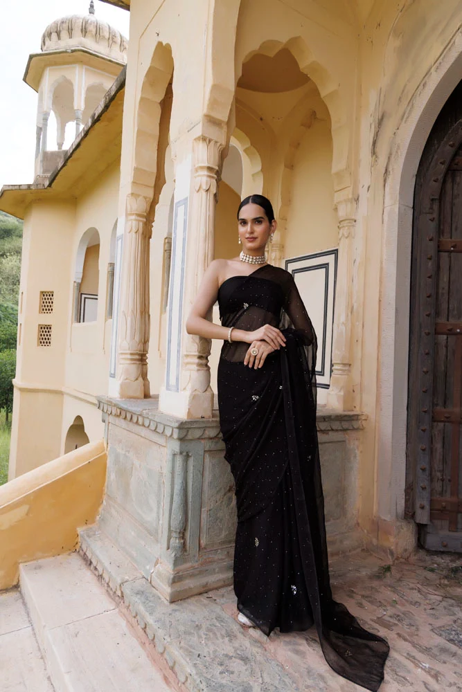 Black Hand Embroidered Mukaish Chiffon Saree