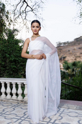 White Hand Embroidered Mukaish Net-Patch Chiffon Saree
