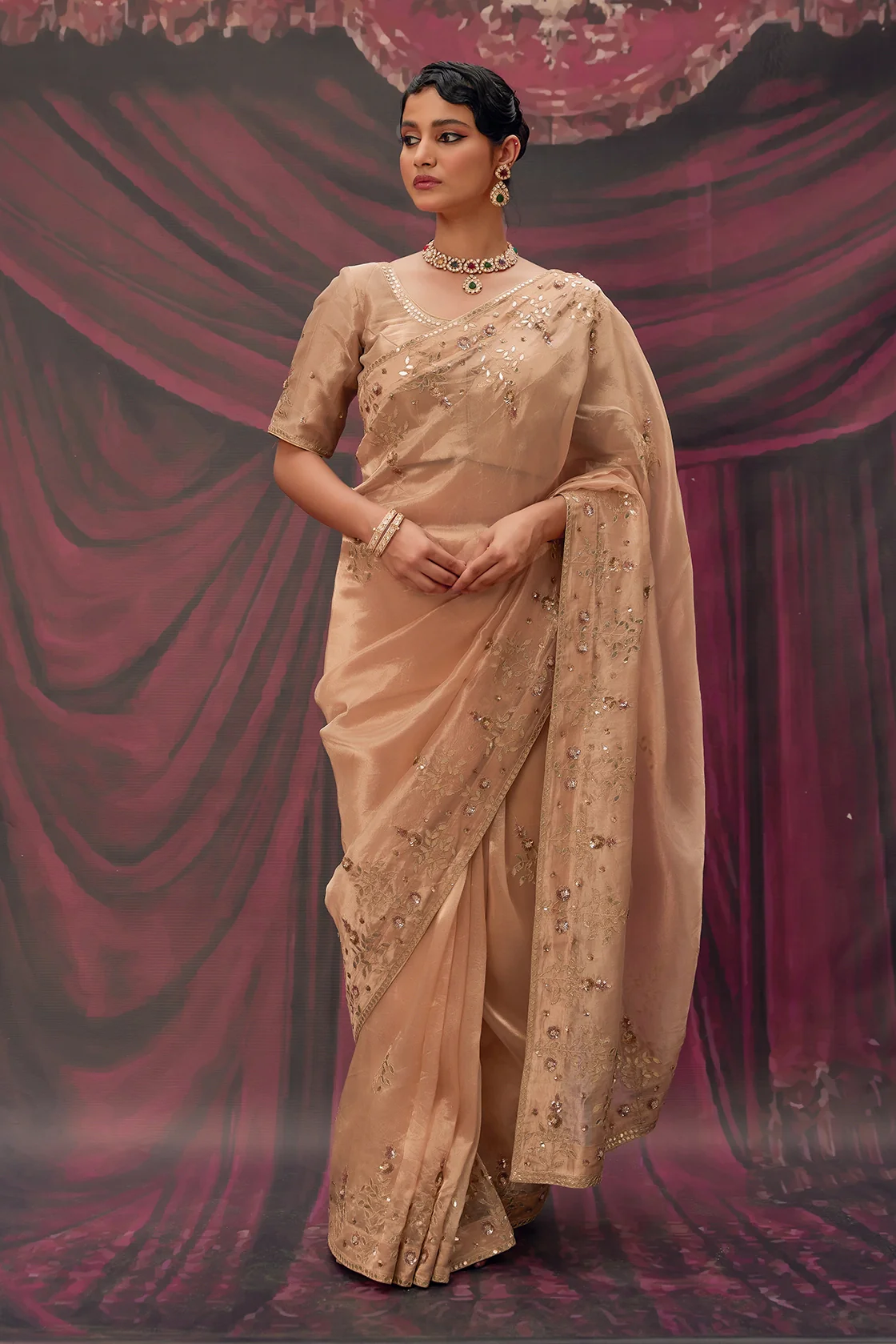 Antique Gold Tissue Saree With Intricate Gota Patti Embellishments