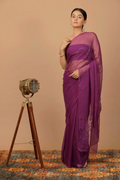 Purple Hand Embroidered Mukaish Net-Patch Chiffon Saree