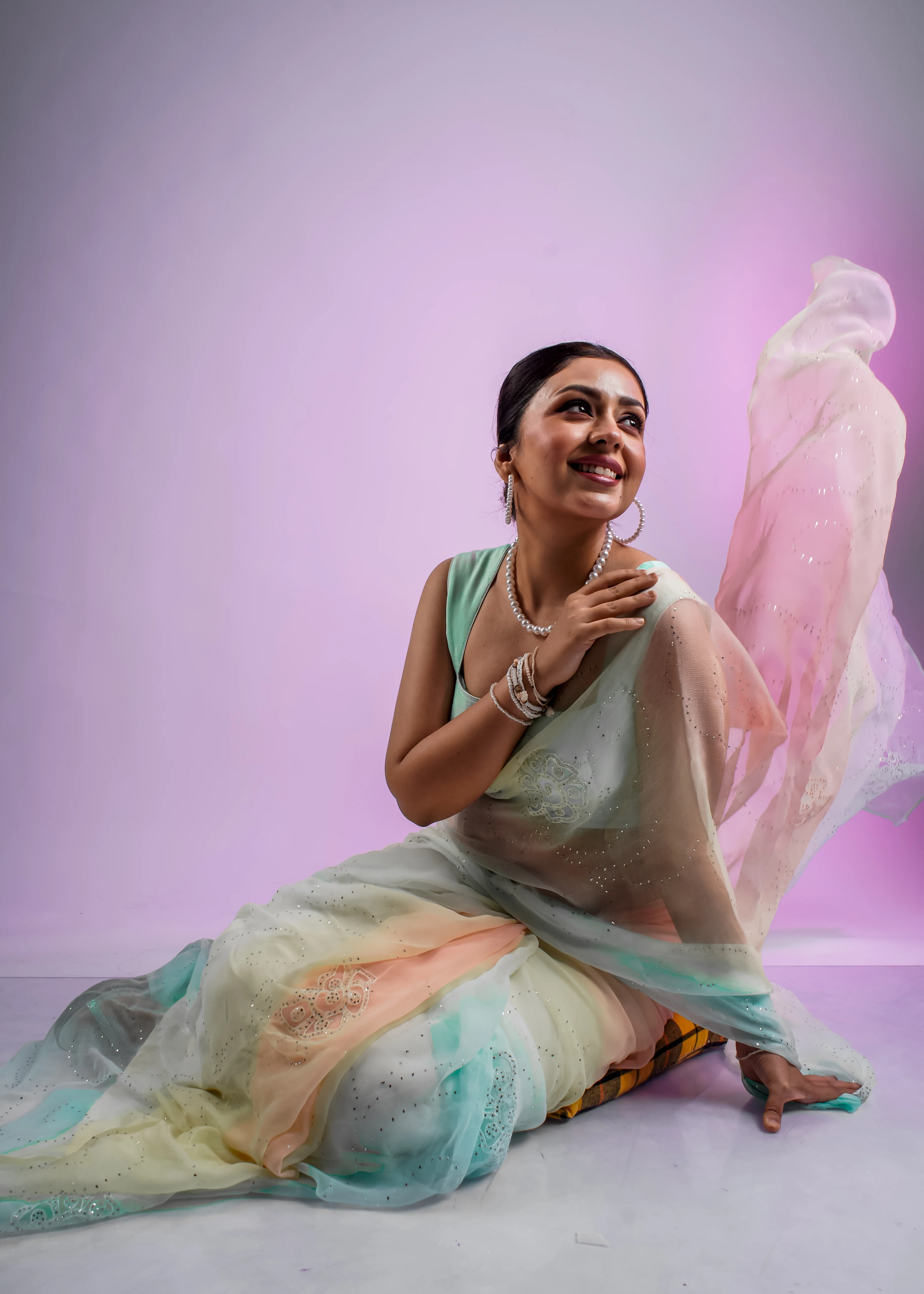 Multi Shaded Hand Embroidered Mukaish Jaal Chiffon Saree