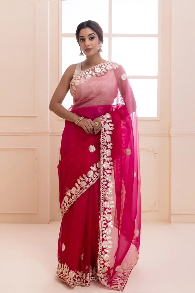 Pink Shaded Handcrafted Gota Patti Organza Saree