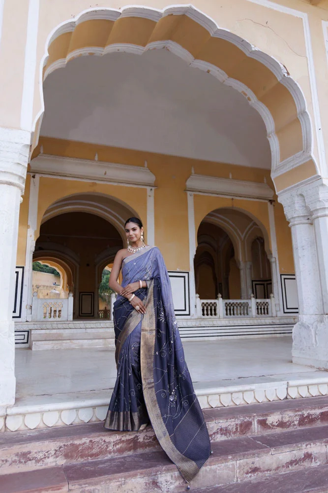 Grey Shaded Silk Banarasi Hand-Embroidered Saree