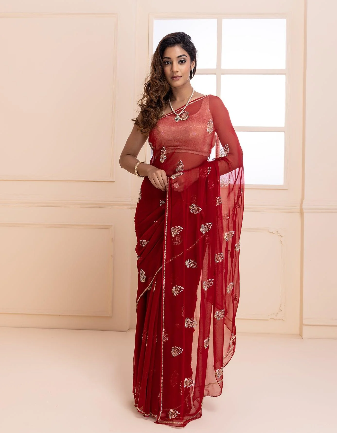 Maroon Hand Embroidered Chiffon Saree