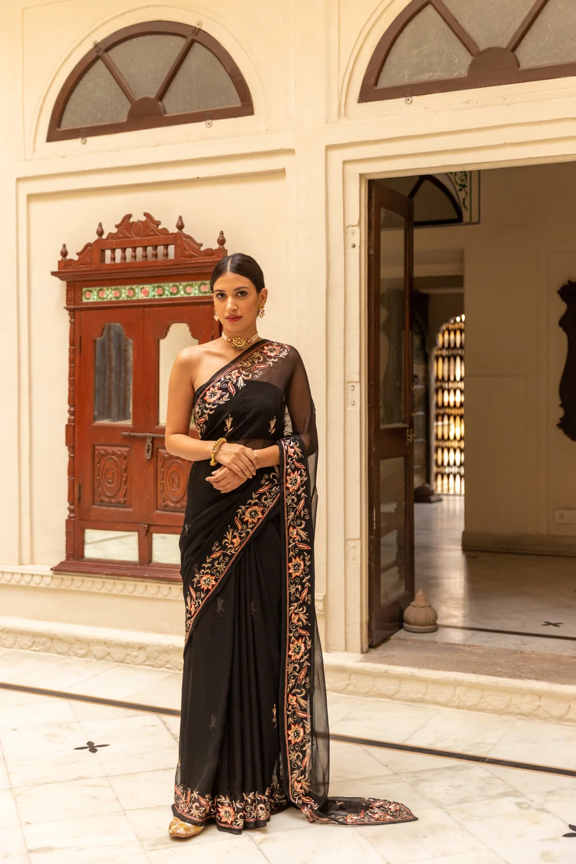 Black Hand Embroidered Chiffon Saree