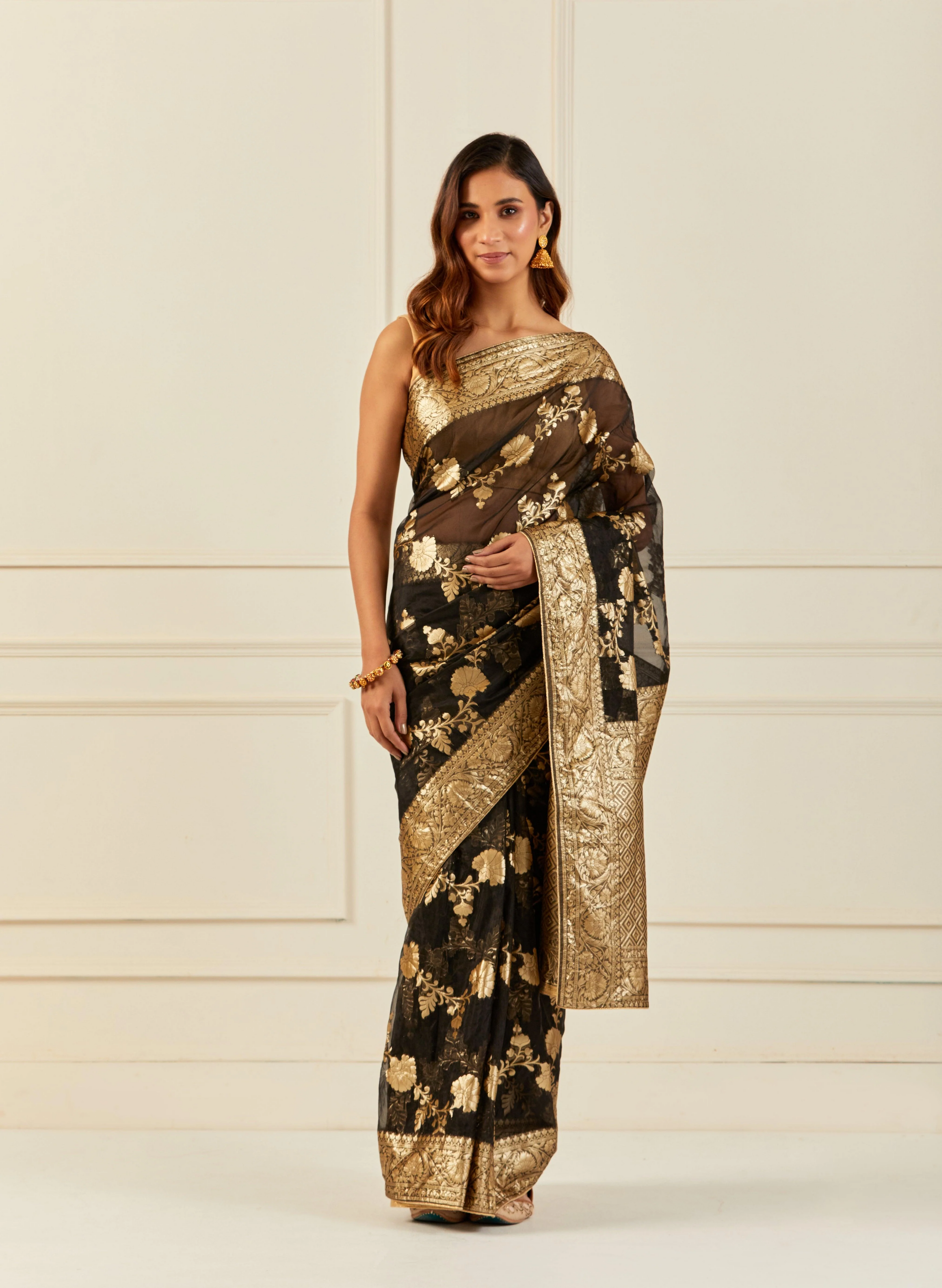 Black Handcrafted Zari Woven Organza Banarasi Saree