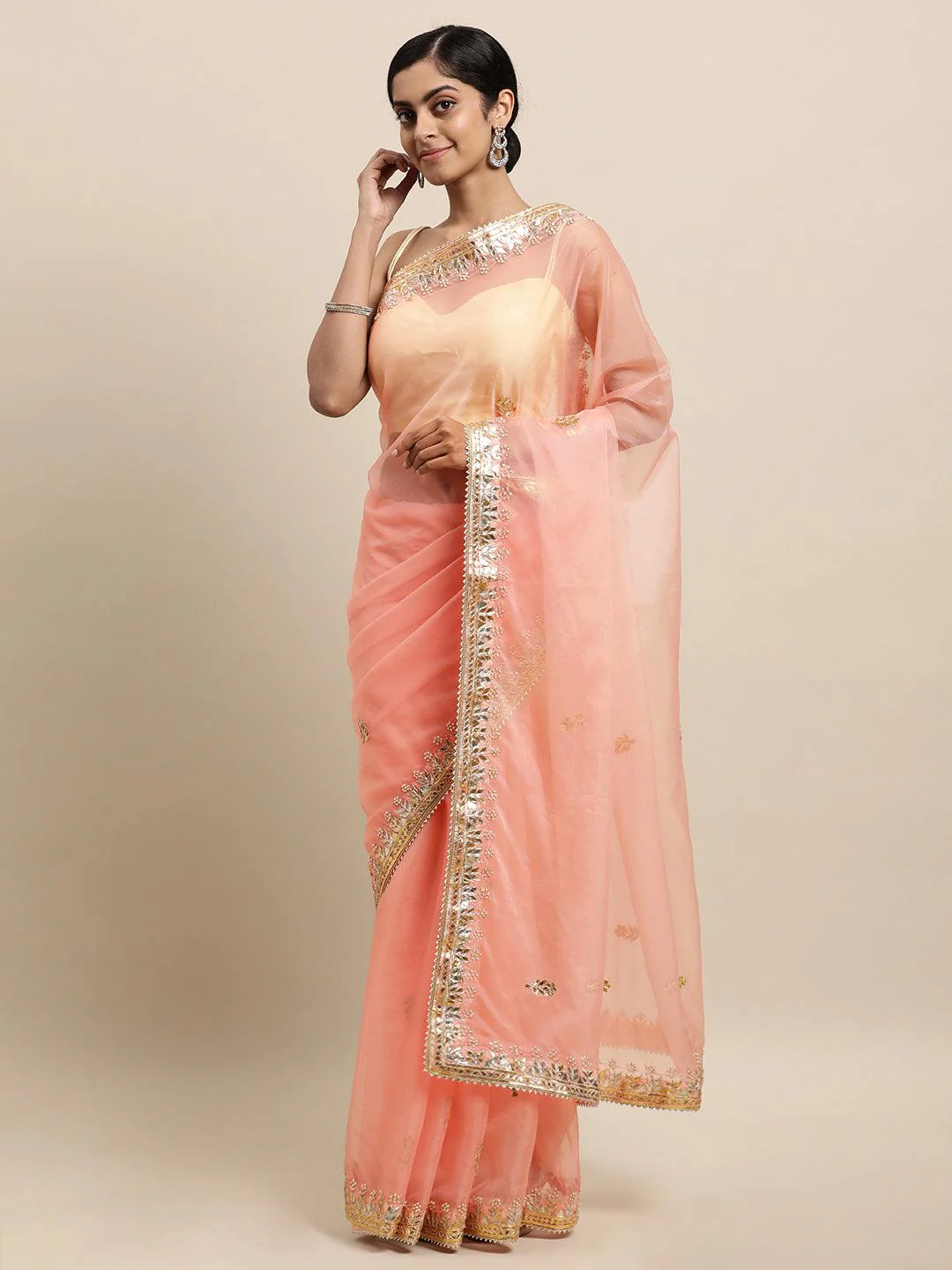 Peach Handcrafted Gota Patti Organza Saree