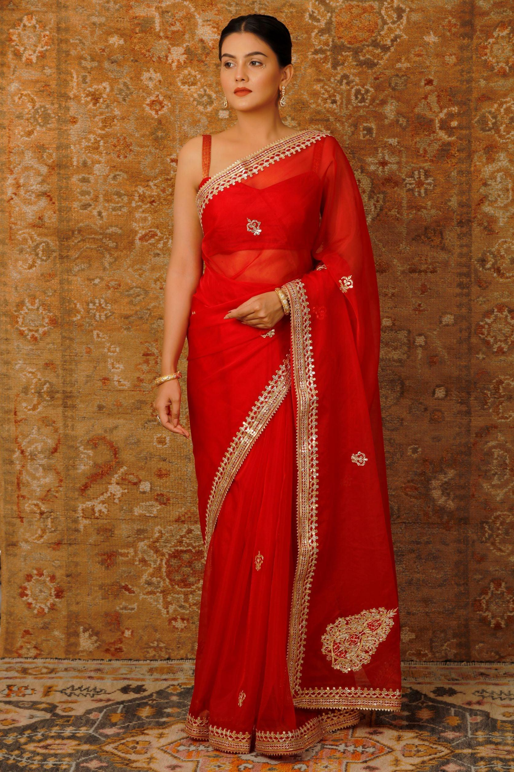 Red Handcrafted Embellished Gota Patti Organza Saree