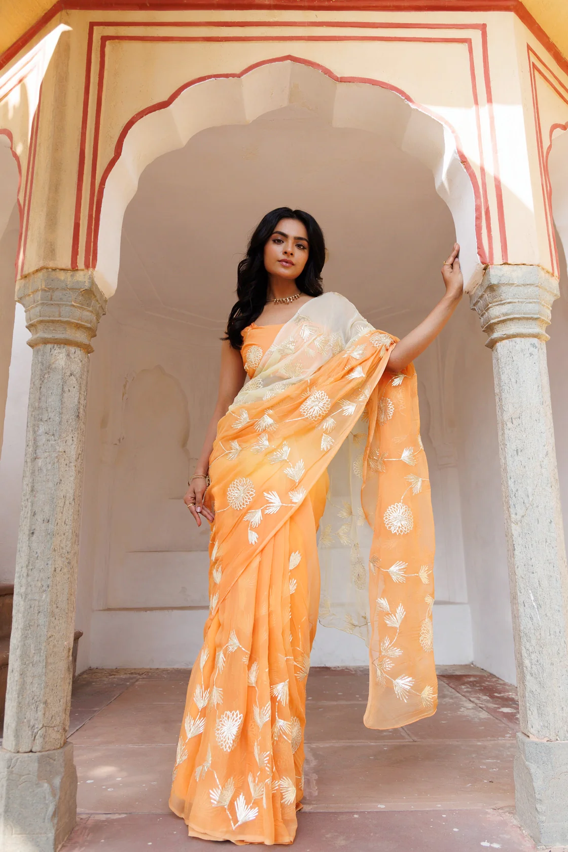Peach Shaded Handcrafted Gota Patti Chiffon Saree