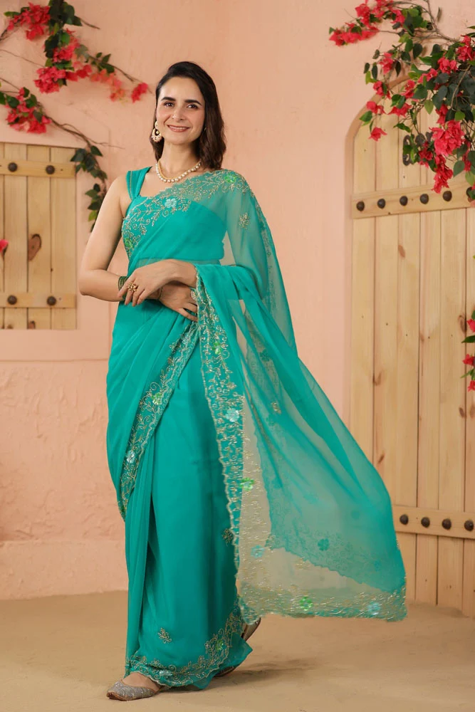 Turquoise Green Hand Embroidered Chiffon Saree