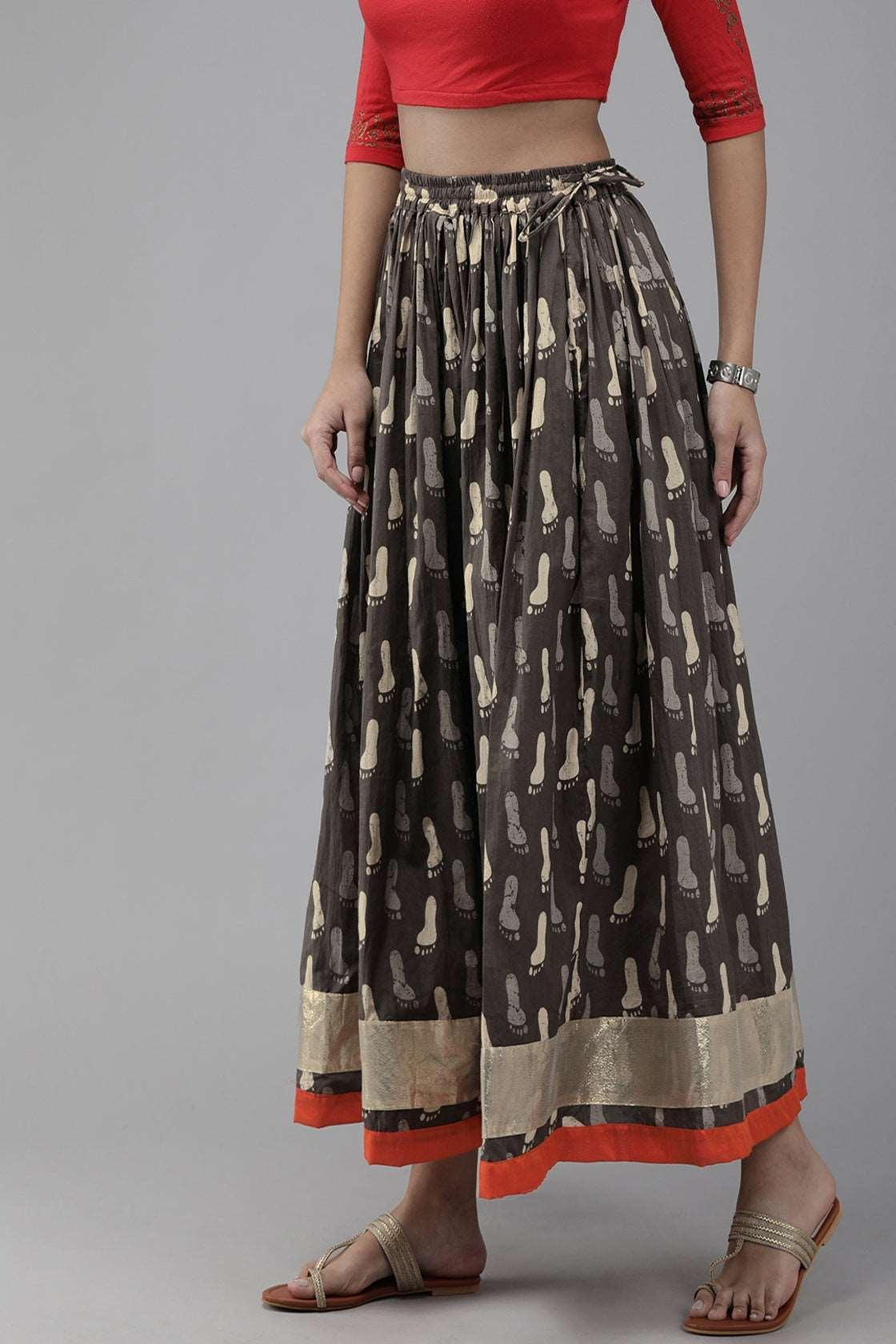Brown Hand Block Printed Cotton Skirt With Magzi Border