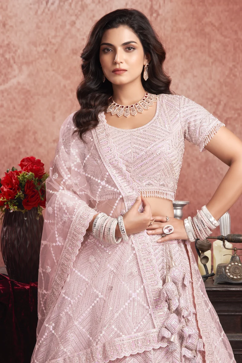 Pink Premium Net Bridal Lehenga Choli with Embroidered Work