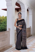 Black Hand Block Printed Silk Ajrakh Saree