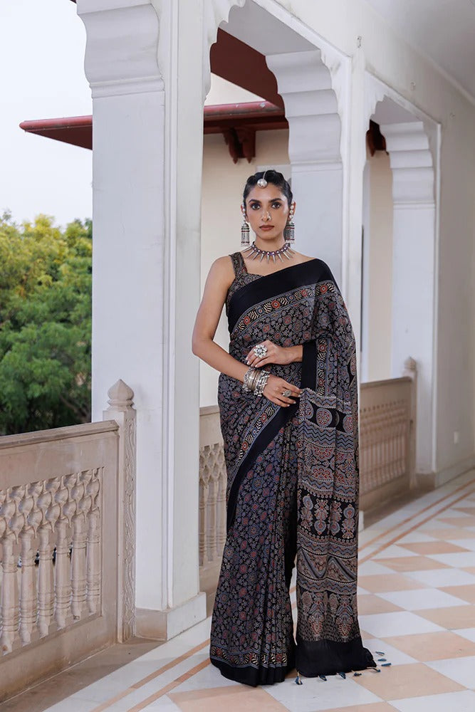 Black Hand Block Printed Silk Ajrakh Saree